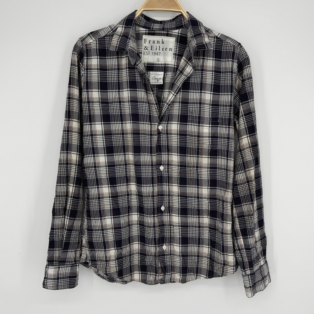 Frank & Eileen Barry Crinkle Button Down Shirt Large Plaid Preppy Coastal Core